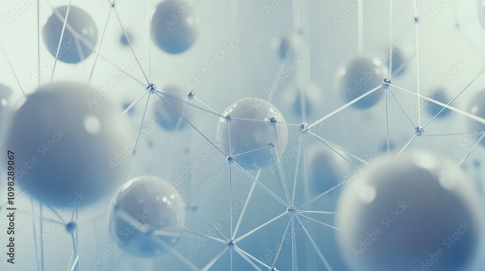 Poster complex wireframe shapes with connecting nodes, in a minimalist blue and white color scheme