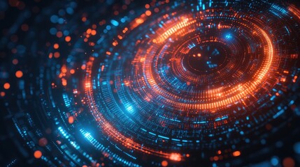 Obraz premium Concentric circles of glowing data forming an intricate mandala-like design, vibrant colors on a dark background