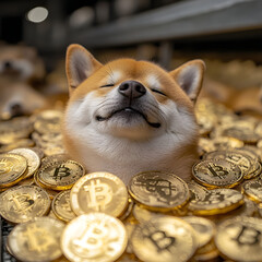 Shiba dog enjoying endless amount of crypto coins around him