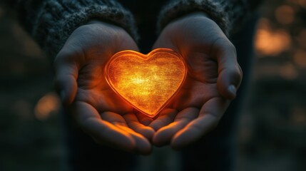 Fototapeta premium Glowing Heart Held in Hands, Symbol of Love, Care, and Warmth