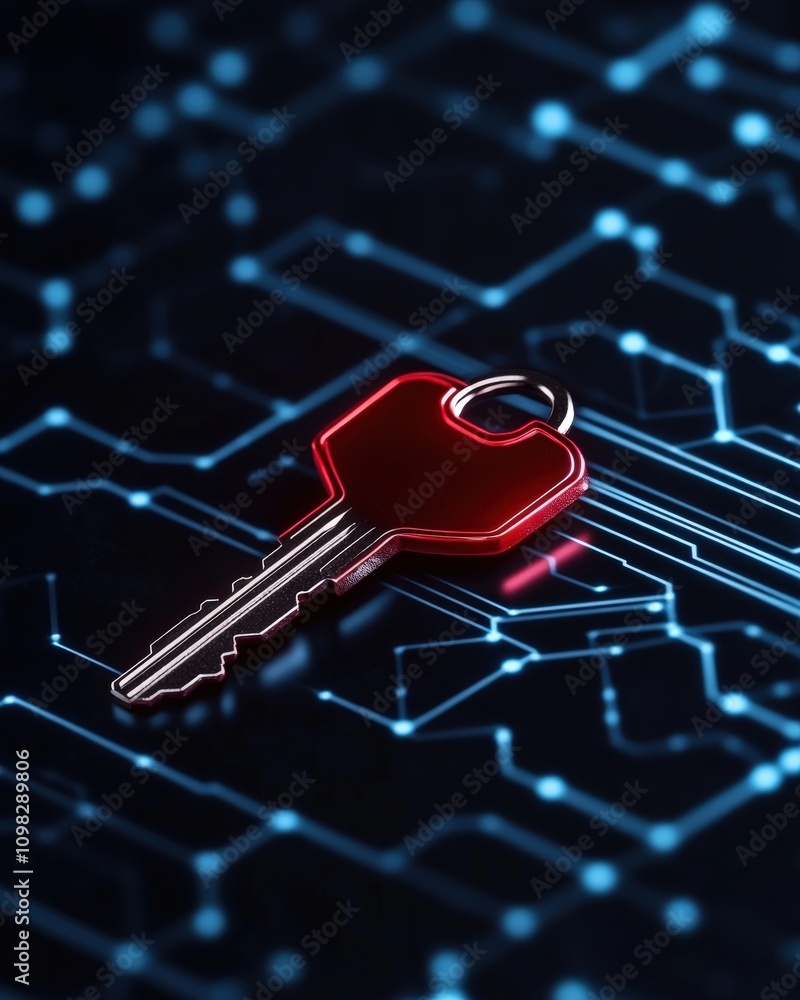 Poster a red key positioned on a futuristic digital circuit background.