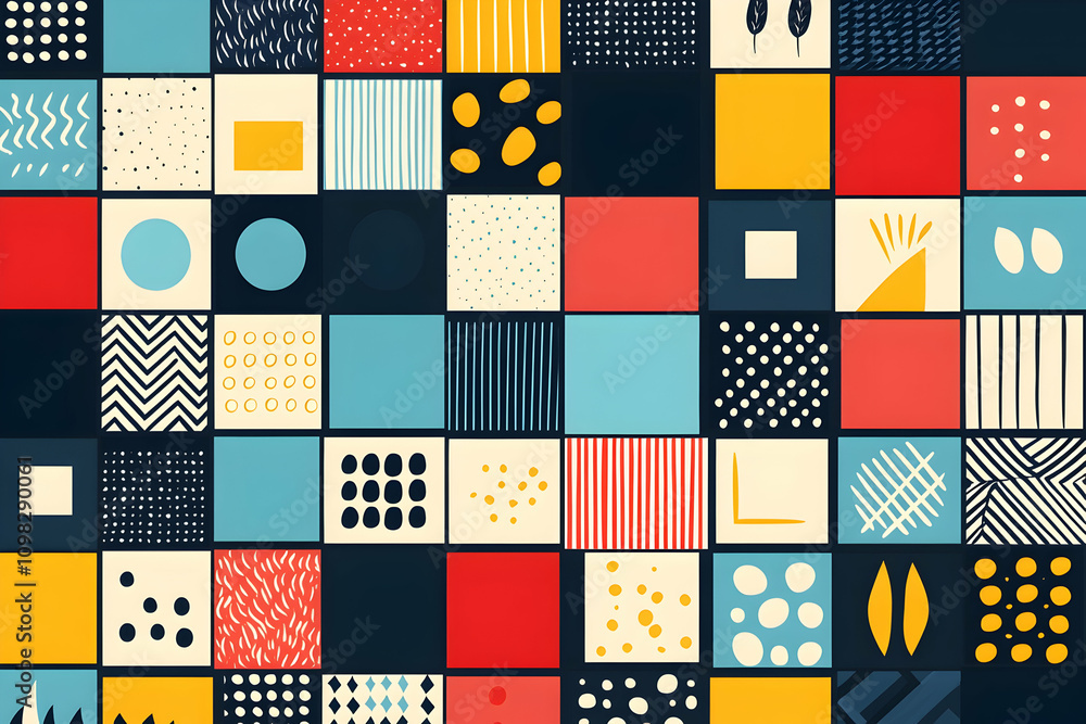 Poster Abstract geometric pattern with colorful squares and various textures.