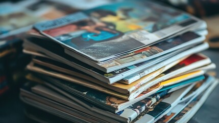 Stack of colorful magazines close-up.