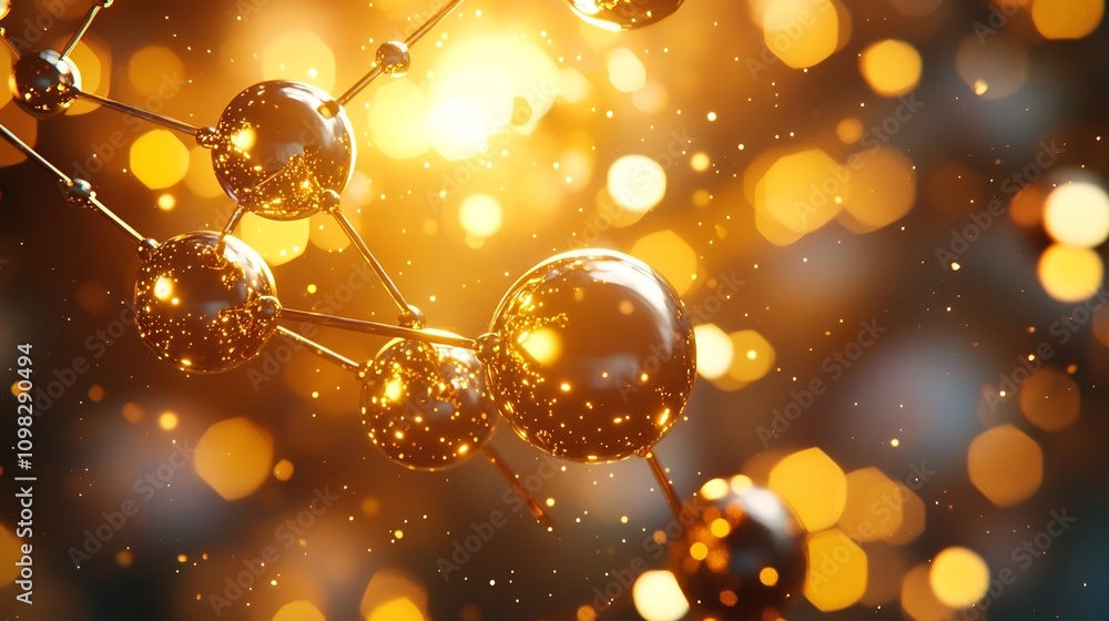 Poster futuristic 3d metallic molecular structure with a blurred and spacious background conveying a modern
