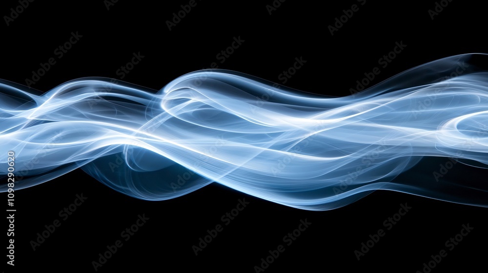 Poster flowing streams of luminescent blue and white light curves across a sleek sophisticated black backgr