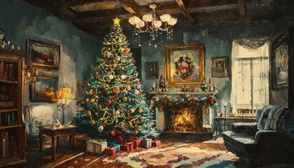 A cozy living room decorated for Christmas with a fireplace, a Christmas tree, and gifts underneath.