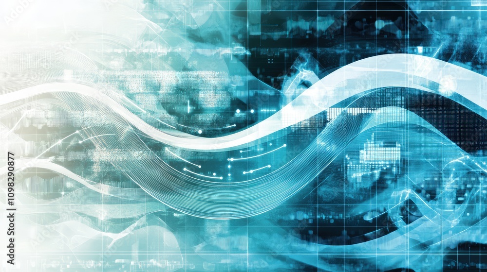 Poster curved lines and waves representing abstract data flow, against a futuristic, tech-inspired backgrou