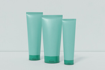 Elegant cosmetic liquid three bottle with a white background. 3D render of a beautiful cosmetic template for advertising. Makeup product brand and logo design branding V7