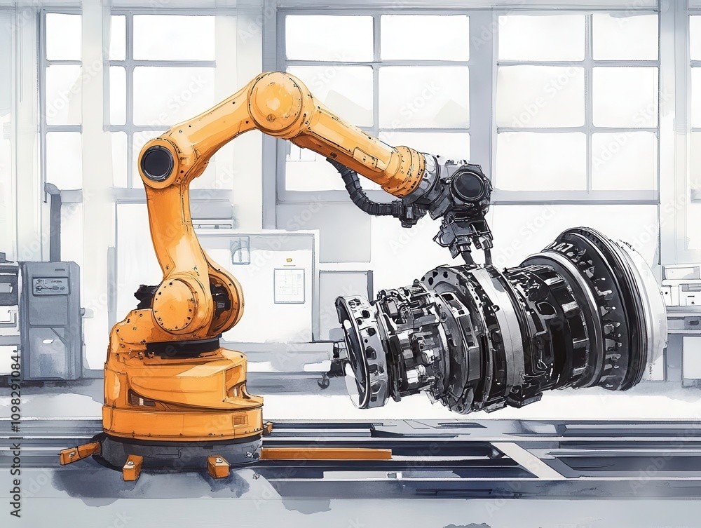 Poster a robotic arm assembles a turbine engine in a modern industrial setting, showcasing advanced automat