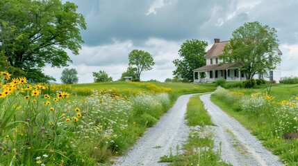 Fototapeta premium A farmhouse with a gravel driveway and wildflowers along the path.
