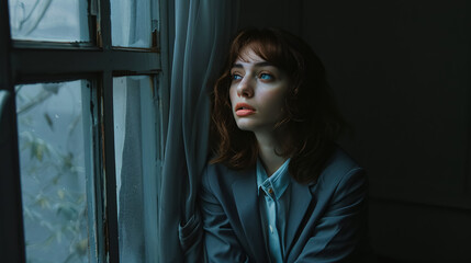 Woman in a gray suit seated by a window