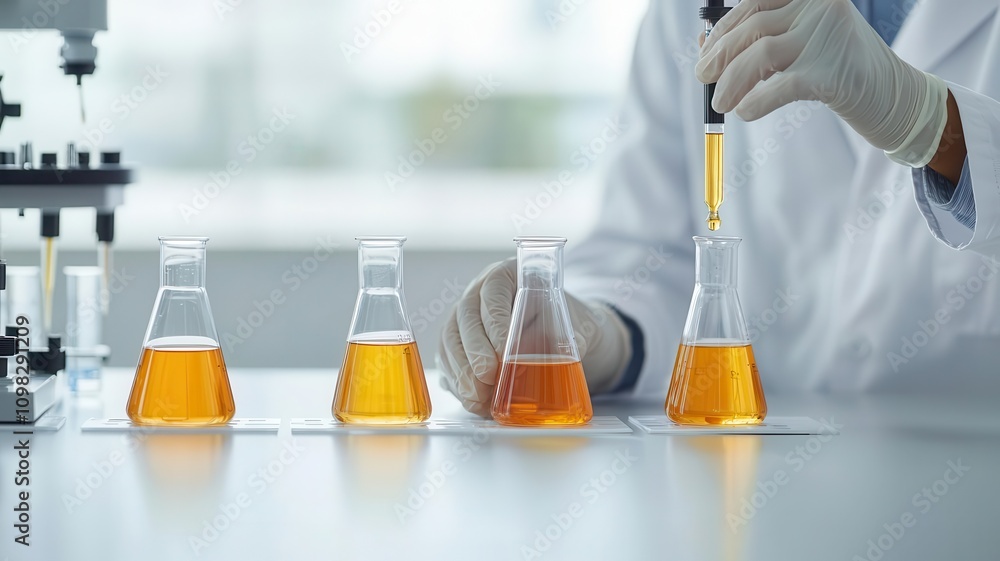 Poster a scientist in a lab coats prepares liquid samples in flasks using a pipette, showcasing a bright an