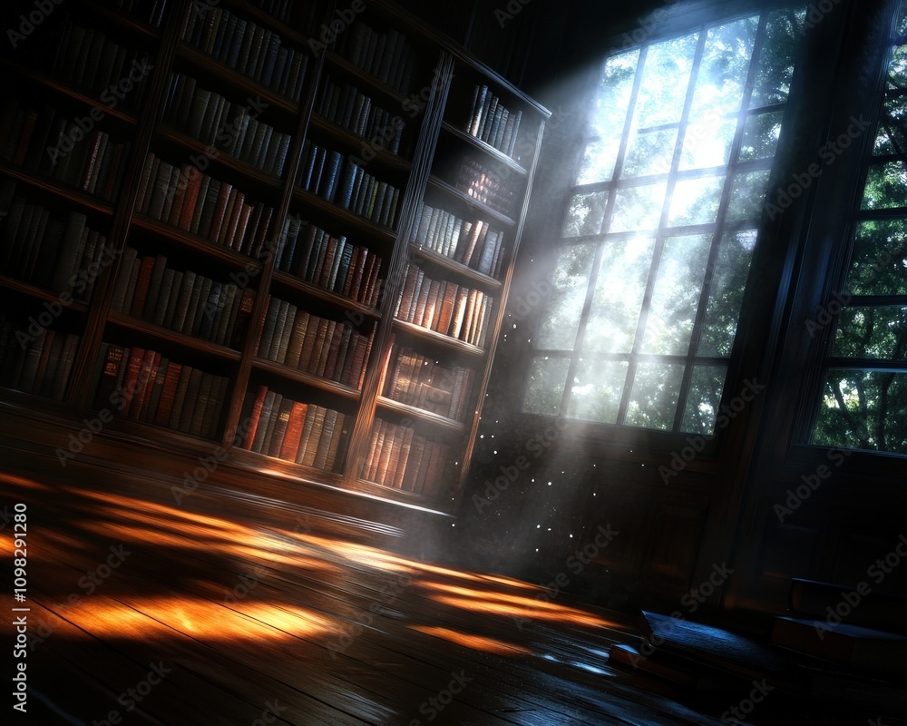 Poster a serene reading room illuminated by sunlight filtering through a window.