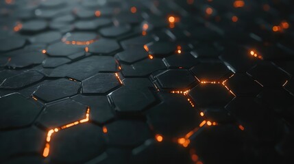 Fototapeta premium Dark futuristic hexagonal grid, illuminated by glowing nodes, creating a networked data effect