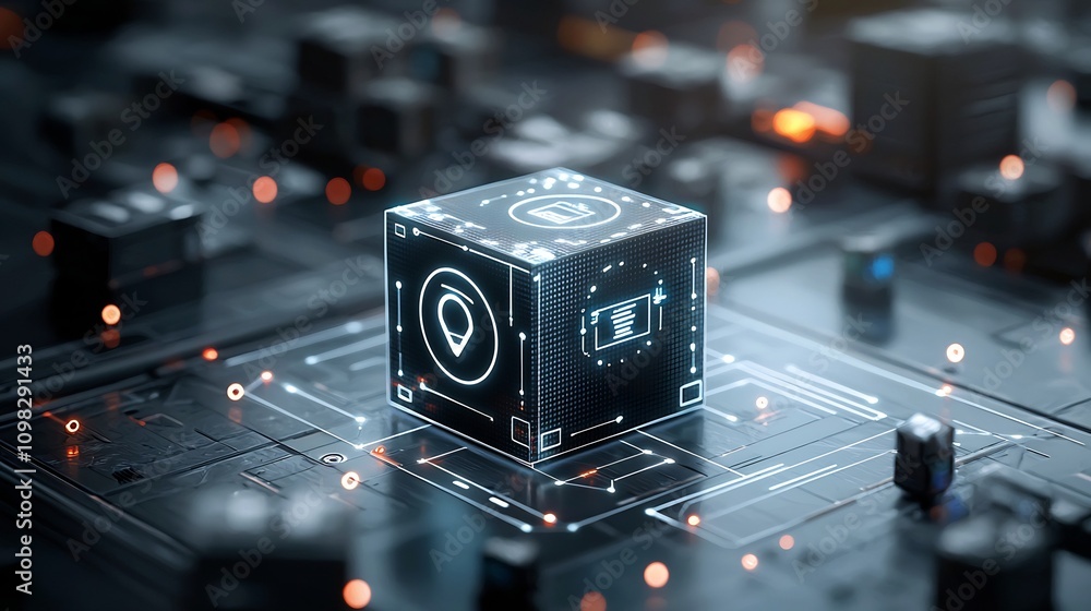 Poster Futuristic delivery box with a luminous map design on a conveyor belt surrounded by glowing network connections representing modern logistics transportation and digital technology