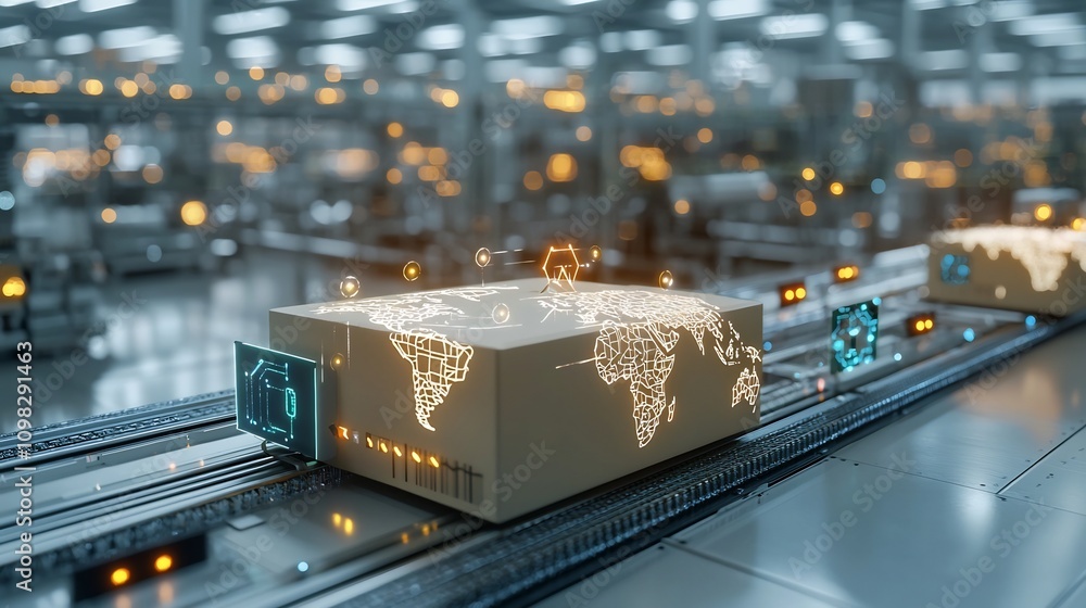 Poster Glowing world map pattern adorning a delivery box traveling on a conveyor belt surrounded by a futuristic network of illuminated nodes in the background
