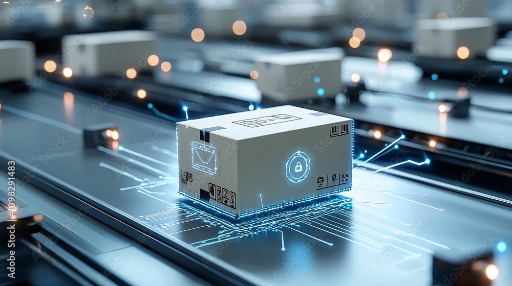 Poster Futuristic delivery box with a luminous map design on a conveyor belt surrounded by glowing network connections representing the technology and innovation in the logistics and transportation industry
