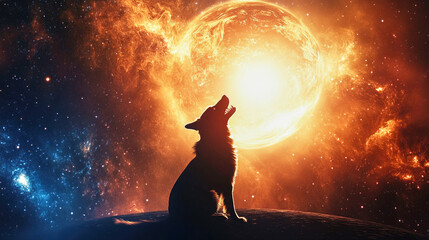 Silhouette of a dog howling at a glowing planet in a vibrant cosmic setting
