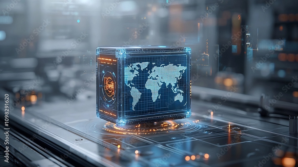 Poster Innovative high tech delivery box with a glowing global map graphic moving on a conveyor belt under a digital network system