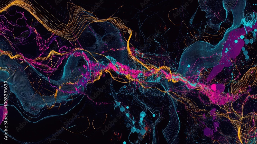 Poster data map with glitchy lines connecting nodes in a chaotic yet artistic array, with neon blue and pur