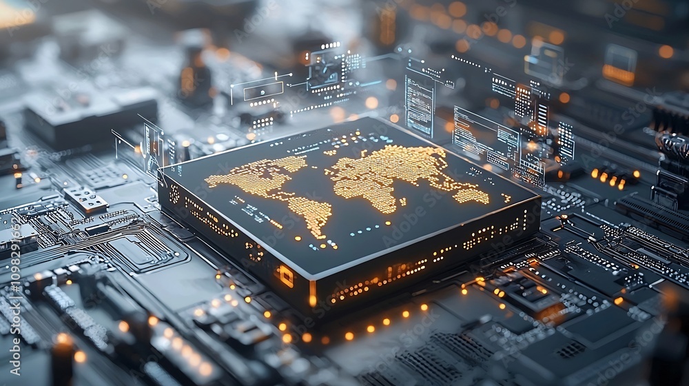 Poster High tech delivery box equipped with a glowing global map graphic seamlessly moving on a conveyor belt under a sleek digital network showcasing the future of automated and connected logistics