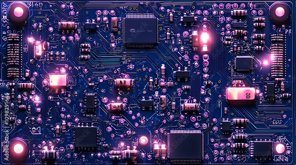 Poster futuristic circuit board background in blue and purple tones with ample space for text high tech and