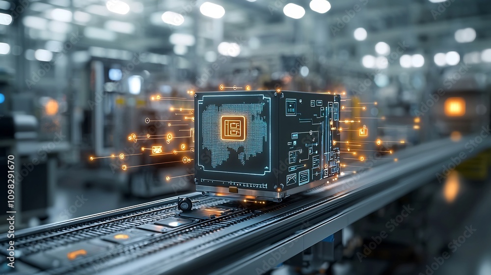 Aufkleber Glowing Delivery Box Placed on Moving Conveyor Belt Amidst Illuminated Digital Network Connections Representing Technology and Logistics in Modern Supply Chain