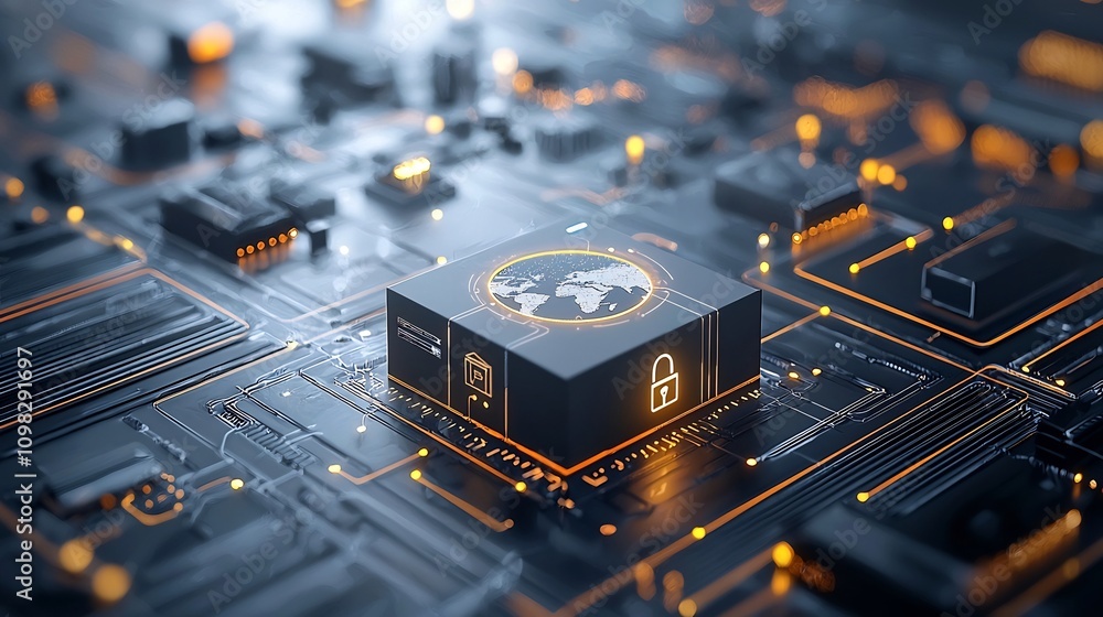 Aufkleber Futuristic Delivery Box Designed with a Glowing Map Placed on a Moving Conveyor Belt Amidst Illuminated Network Connections Representing the Technology and Logistics of Shipping and Transportation