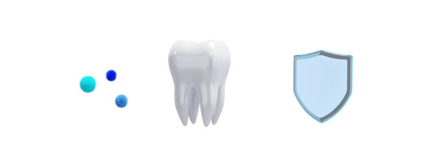 Set of 3d tooth with shield isolated on transparent background. Virus protection. 3d render. PNG. Dentistry, medicine concept. 3D rendering, ui, ux. Teeth. Health. Shield protect