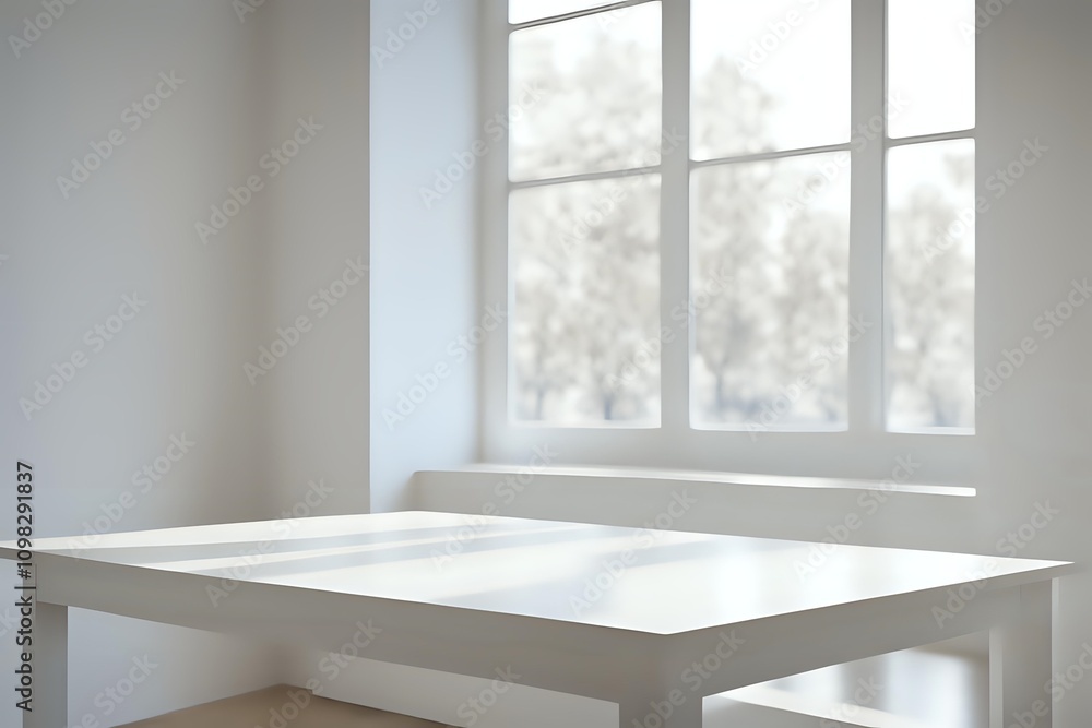 Poster an empty white table in front of a windows, creating a calm and minimalist environment