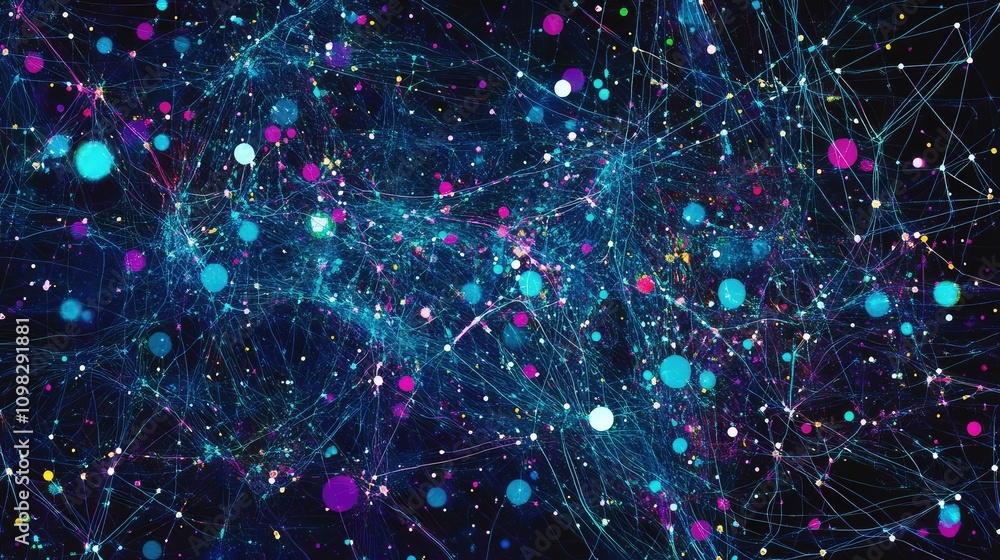 Poster data map with glitchy lines connecting nodes in a chaotic yet artistic array, with neon blue and pur
