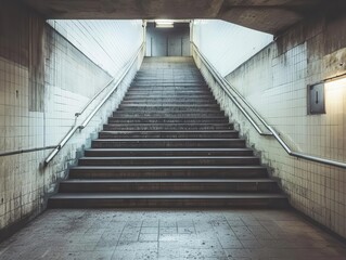 Obraz premium blank billboard mockup positioned near stairs in an urban underpass, designed for outdoor advertising in a train station setting