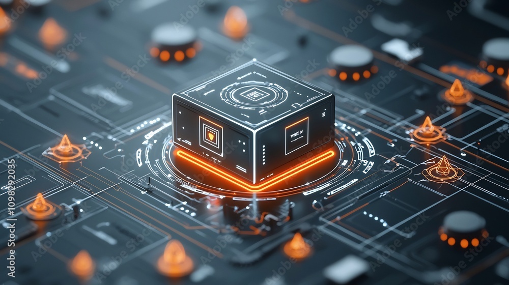 Poster innovative futuristic transportation concept featuring a glowing delivery box surrounded by a networ
