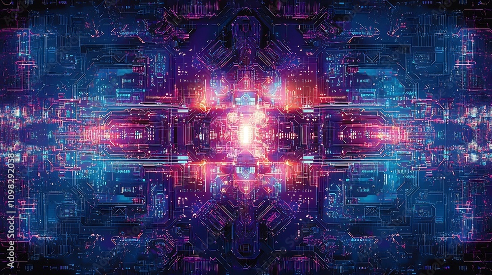 Poster futuristic digital background featuring a striking circuit board pattern in vibrant blue and purple 