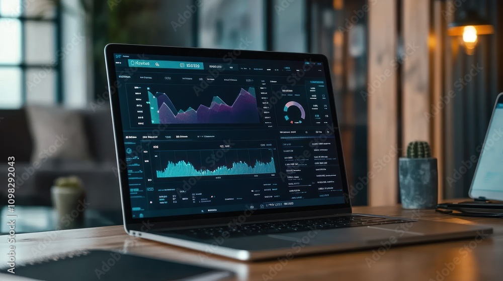 Poster a laptop displaying financial graphs and data analytics in a modern workspace.
