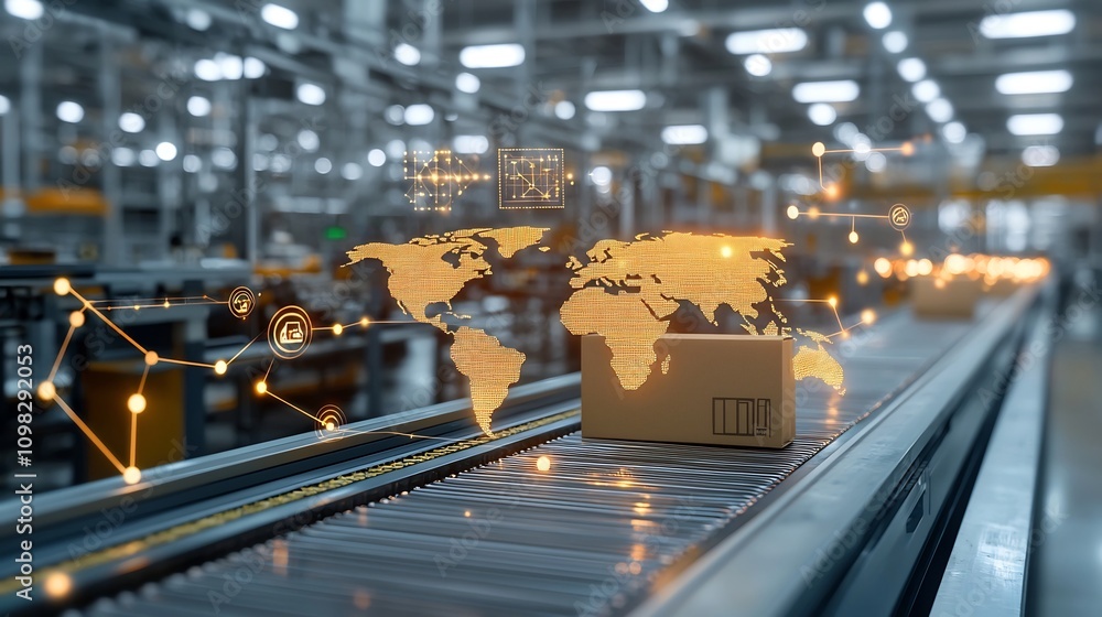 Aufkleber Glowing global delivery system featuring a digital world map on a conveyor belt with shining network nodes in the background