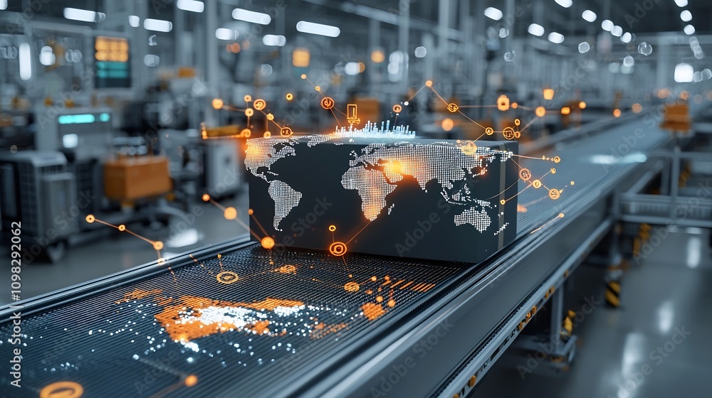 Fototapete Glowing map of the world displayed on a delivery package traveling along an automated conveyor belt with shining network nodes in the background