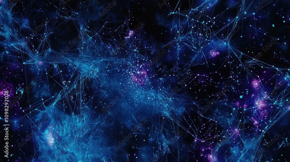 Aufkleber data map with glitchy lines connecting nodes in a chaotic yet artistic array, with neon blue and pur