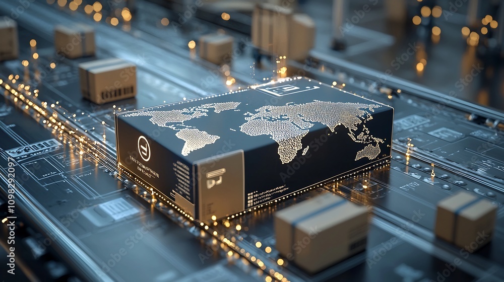 Aufkleber Glowing Global Logistics Delivery Package on Conveyor with Networked Nodes in the Background Representing the Interconnected Efficient