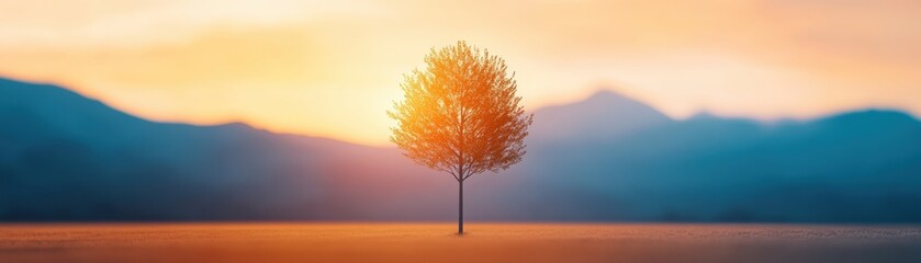 A solitary tree stands against a serene sunset backdrop, capturing natural beauty.