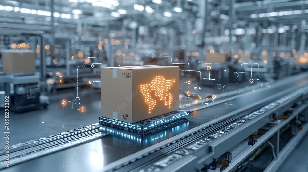 Poster A futuristic high tech delivery box featuring a glowing map like digital design set on a conveyor belt connected to a radiant network grid