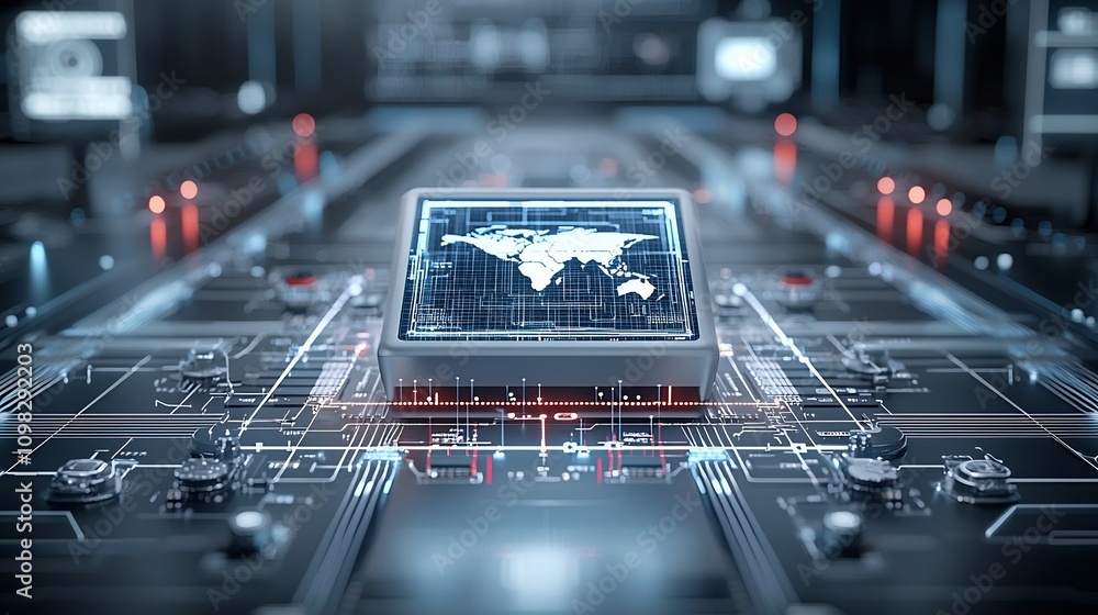 Poster A high tech delivery box with a glowing map design set on a conveyor belt connected to a radiant network grid representing the future of automated intelligent logistics and transportation systems