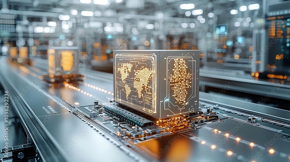 Poster Innovative high tech delivery box with a glowing map design set on a conveyor belt connected to a radiant network grid showcasing advanced logistics and transportation technology
