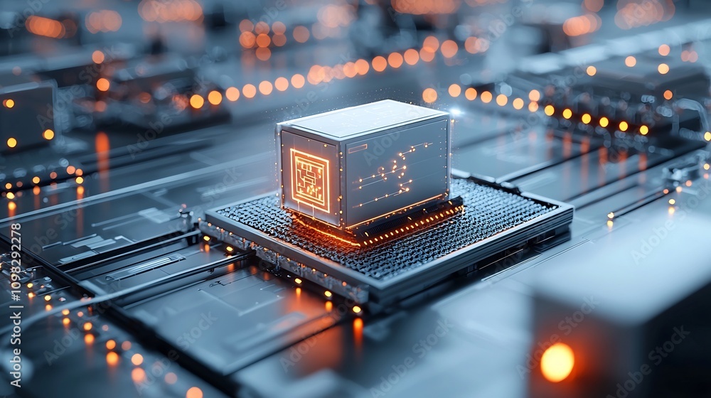 Leinwandbilder Futuristic box with illuminated map details traveling on a conveyor system surrounded by bright network lights showcasing the concept of advanced logistics transportation and digital infrastructure