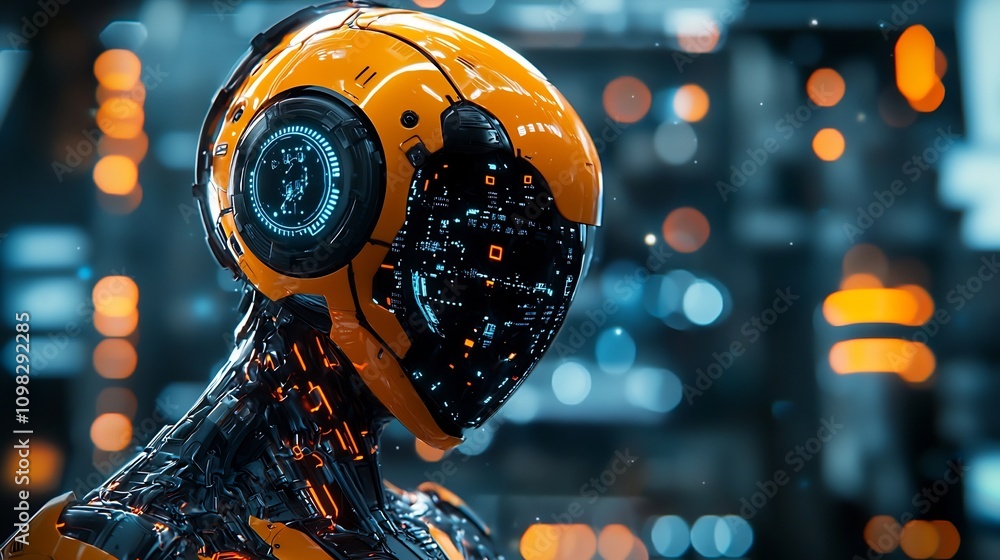 Poster futuristic humanoid figure with glowing digital elements and an open text area in the background sho