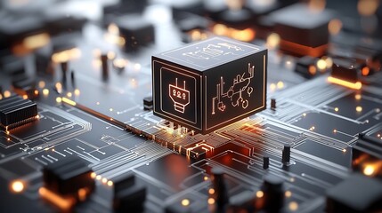 Sleek and futuristic high tech delivery box with a glowing map design set on a conveyor belt that is connected to a radiant network grid