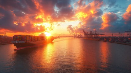 Fototapeta premium Cargo ship at sunset with cranes in the distance.