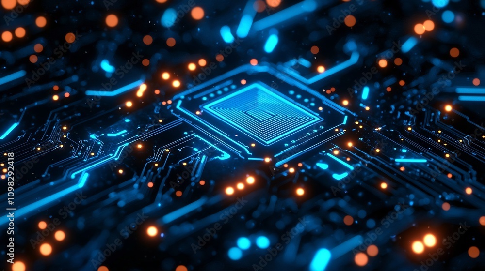 Poster futuristic isometric chip background with glowing blue elements in open space showcasing high tech a