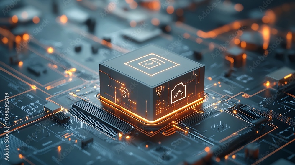 Poster Bright delivery box with a glowing map graphic on a sleek conveyor belt linked to a glowing transport network representing the technology and logistics of modern e commerce and global distribution