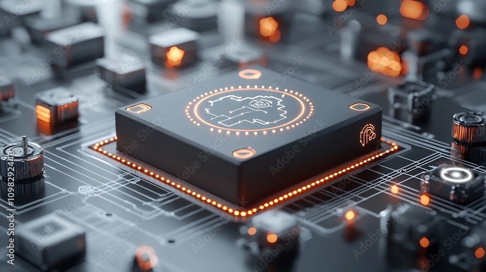 Aufkleber Futuristic high tech box with a glowing map design placed on a conveyor belt under a network grid illuminated with bright nodes representing the concept of advanced technology automation